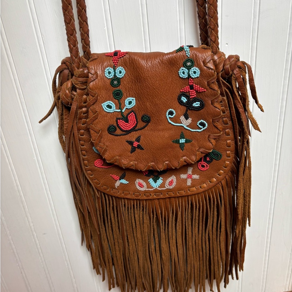 Ralph Lauren Double RL Brown Leather Crossbody Bag with Fringe
